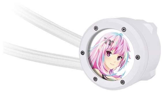 Biała, okrągła pompa wodna z portretem postaci z anime przedstawiającej dziewczynę z różowymi włosami i różowymi oczami na powierzchni.