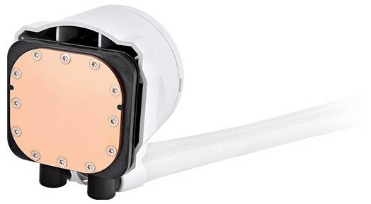 Biała pompa chłodząca z miedzianą płytą i dwoma wężami, przeznaczona do zastosowań w komputerach.