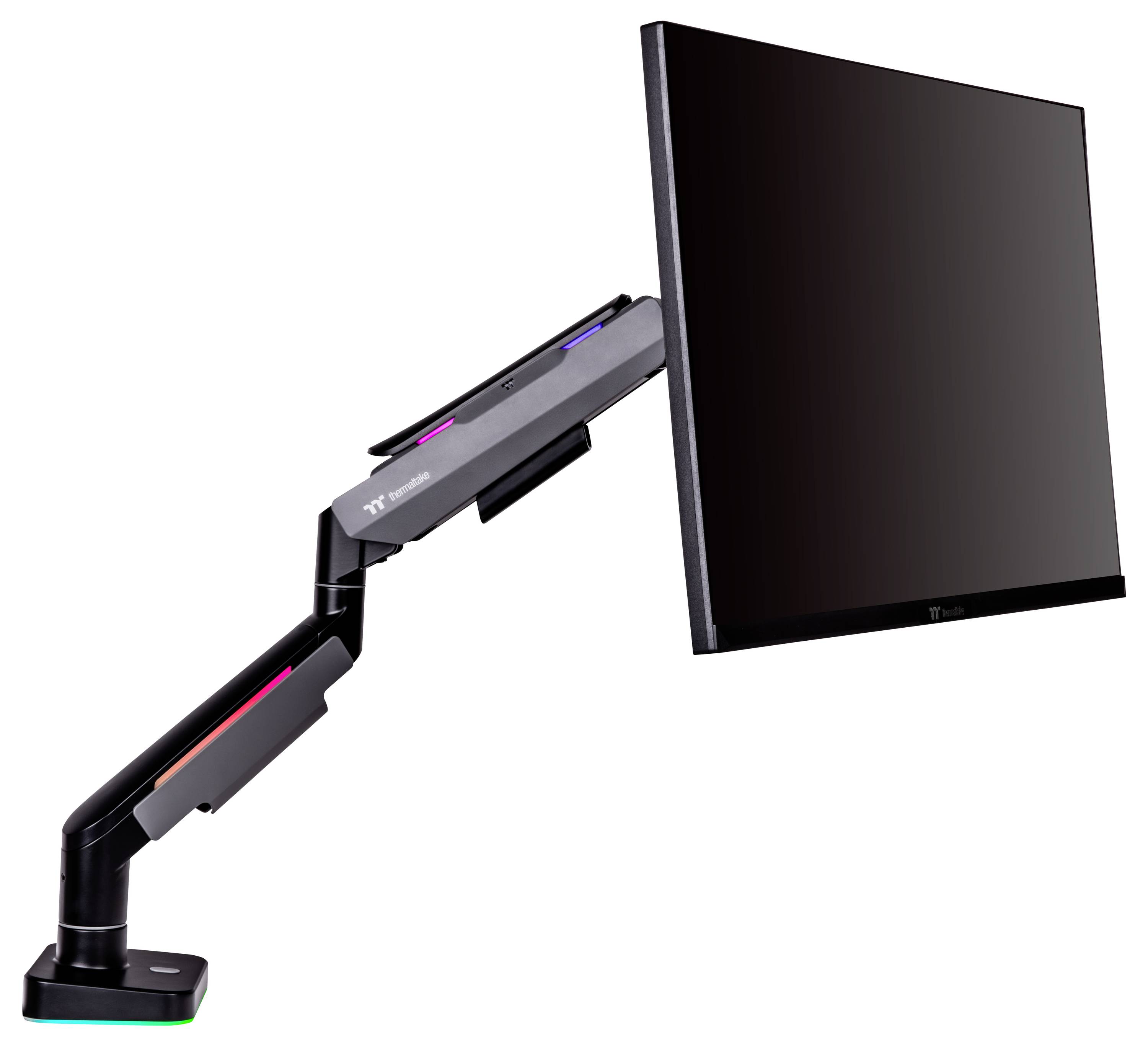 Czarny monitor zamocowany na ergonomicznym, regulowanym ramieniu obrotowym umożliwia elastyczne ustawienie ekranu.