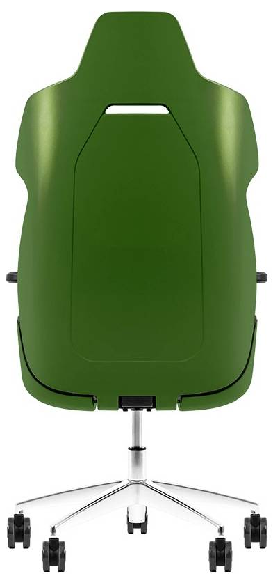 Widok z tyłu nowoczesnego, zielonego fotela biurowego z pięcioma kółkami, regulowaną na wysokość chromowaną podstawą i ergonomicznym designem.