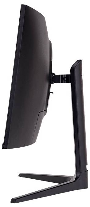 Widok z boku nowoczesnego monitora komputerowego z zakrzywionym ekranem, czarną obudową i solidną podstawą.