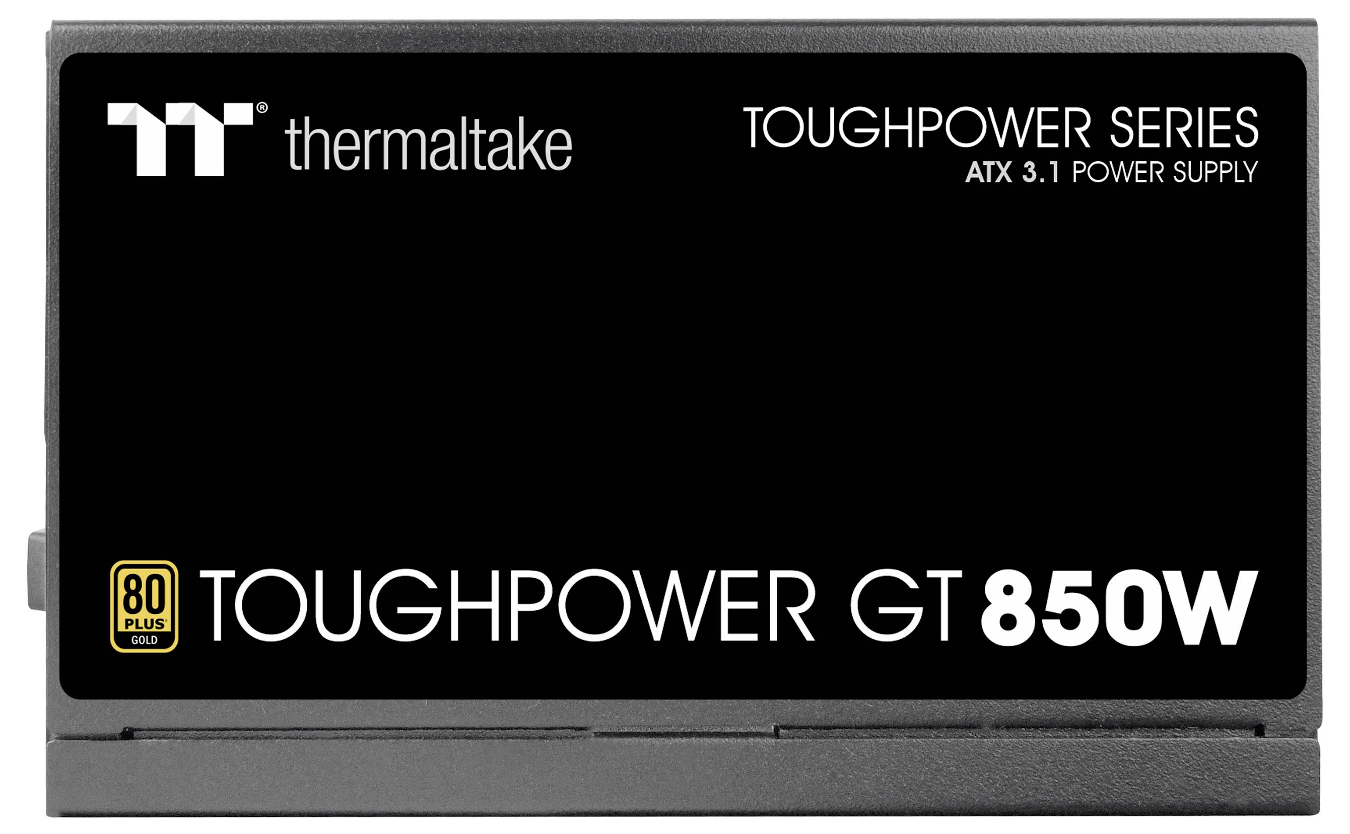 Zasilacz Thermaltake Toughpower GT 850W, certyfikowany 80 Plus Gold. Czarny design z białym tekstem. Kompatybilny z systemami ATX 3.1.
