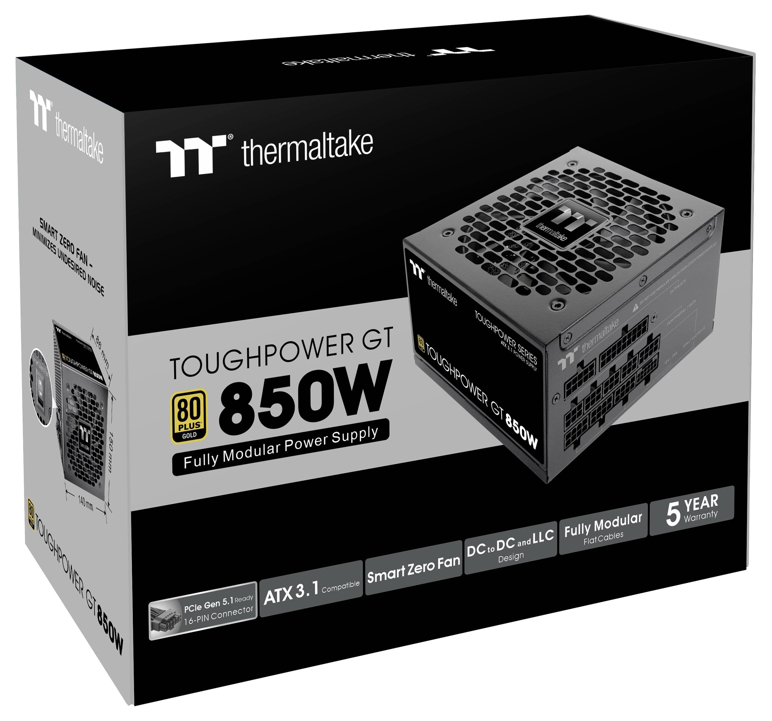 Opakowanie zasilacza 'Thermaltake Toughpower GT 850W', 80 Plus Gold, w pełni modularny, 5 lat gwarancji, sterowanie wentylatorem, ATX 3.0.