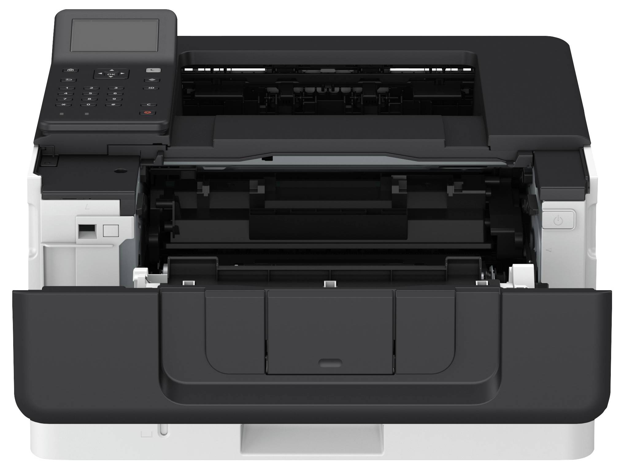 Czarny drukarka z otwartą tacą papieru i panelem sterowania w lewym górnym rogu.