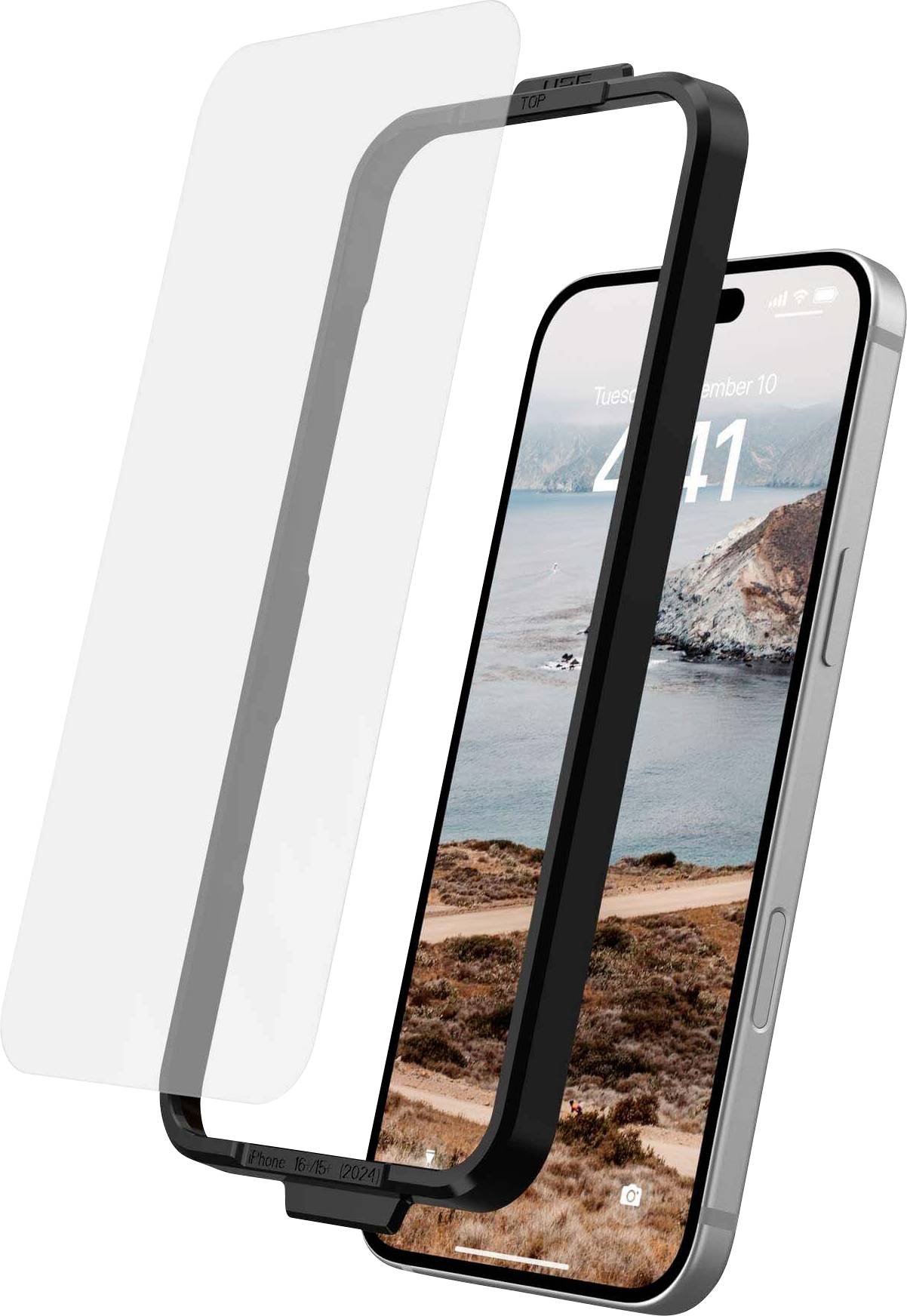 Smartfon w etui ochronnym z zabezpieczeniem ekranu, wyświetlający krajobraz nadmorski jako tapetę. Wtorek, 10 września, godzina 4:41.