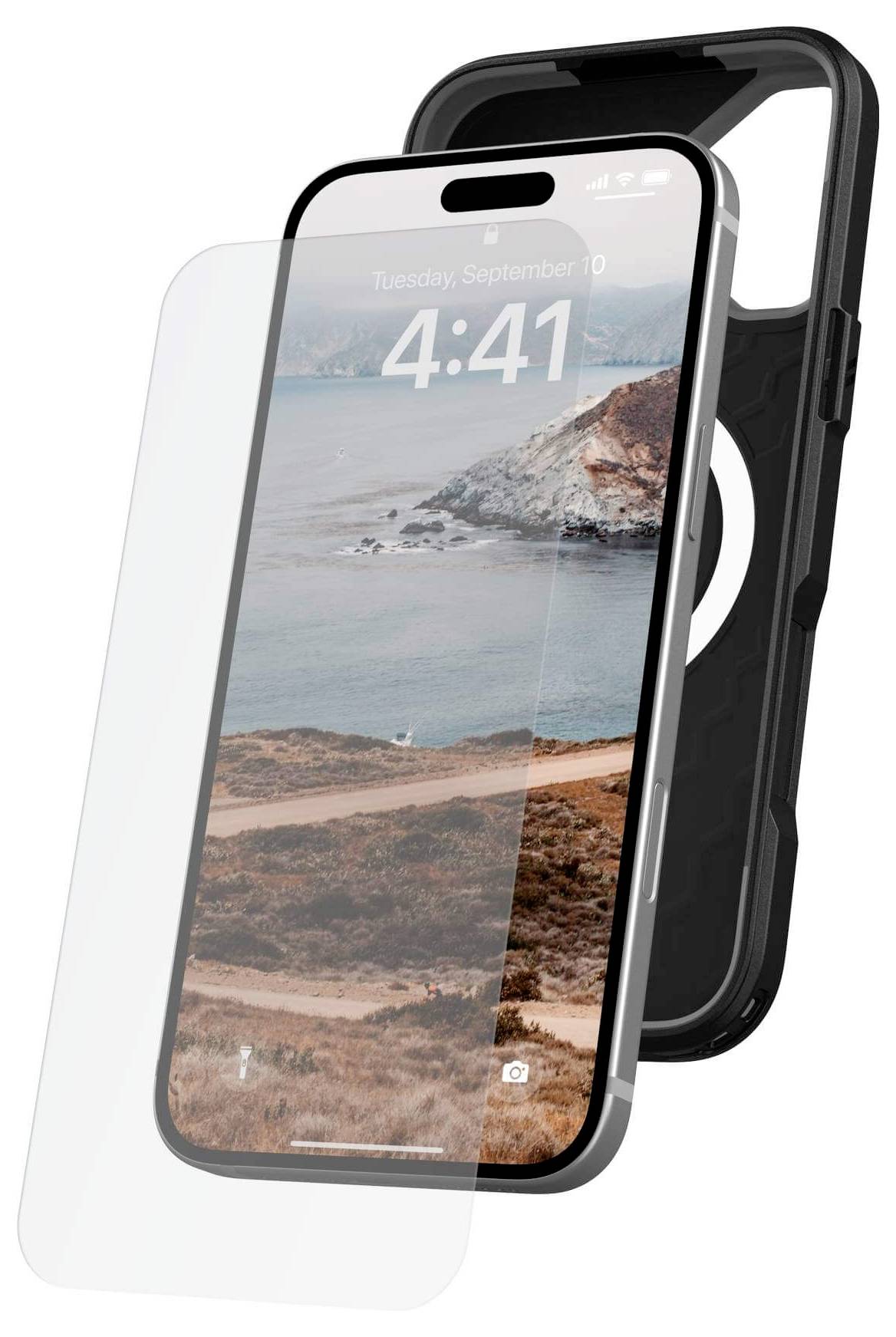 Smartfon z krajobrazem na ekranie, otoczony przezroczystą folią ochronną i czarną obudową.