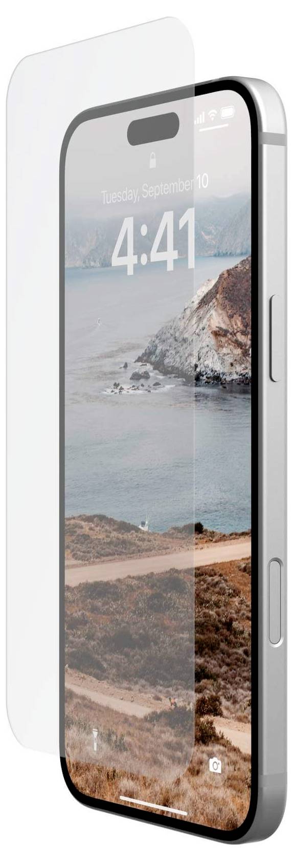 Folia ochronna przykrywa ekran smartfona. Na wyświetlaczu widać krajobraz z morzem i skałami, godzina to 4:41.