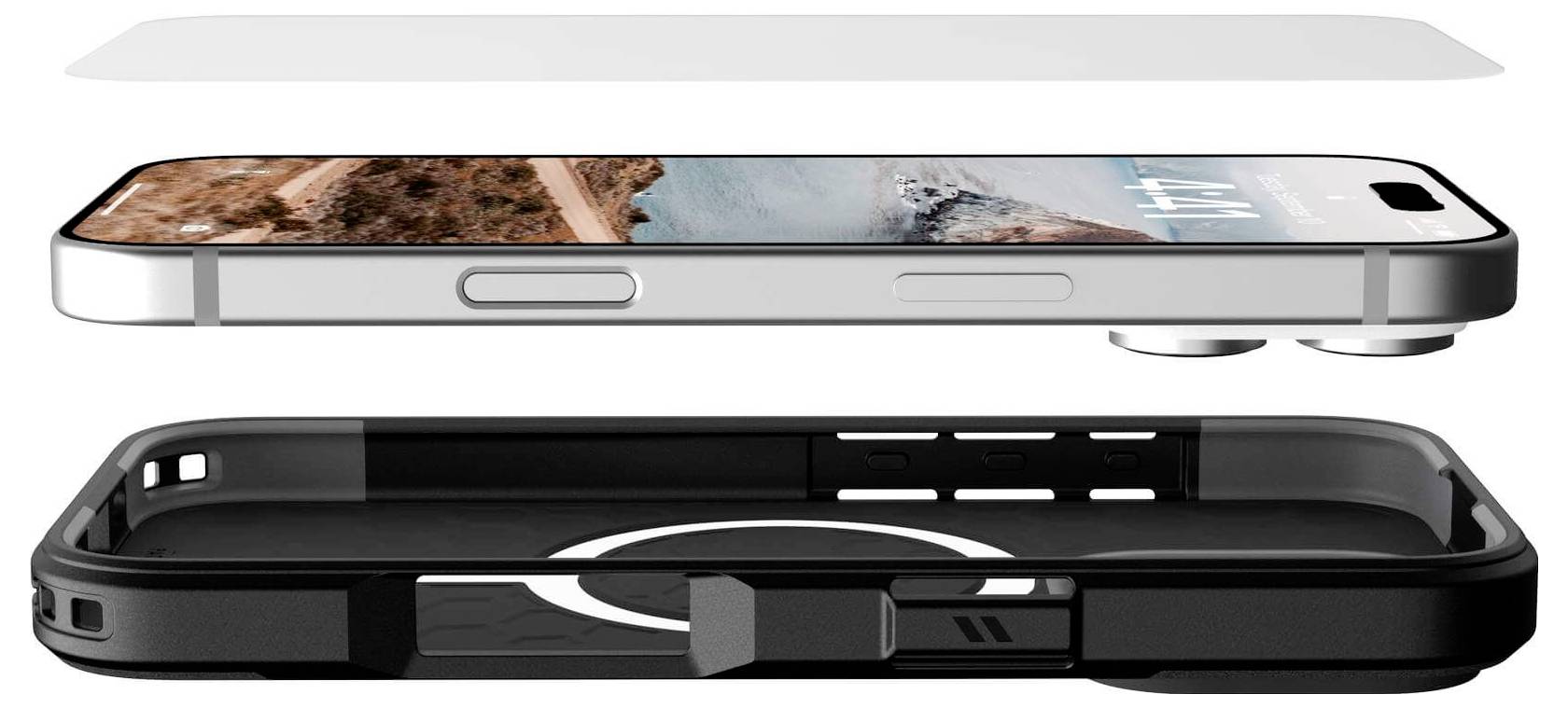 Smartfon z boku z etui ochronnym i folią ochronną na ekran. Trzyczęściowa prezentacja: góra - folia, środek - telefon, dół - etui.