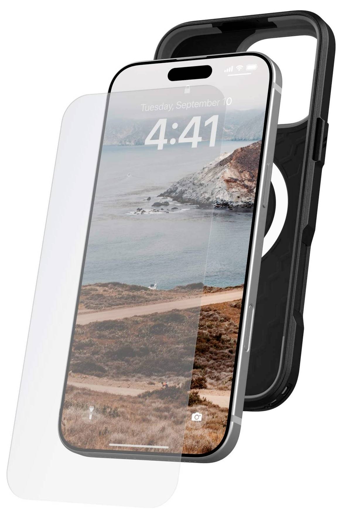 Smartfon z krajobrazem wybrzeża na ekranie. Folia ochronna jest częściowo odklejona. Za nią czarna obudowa.