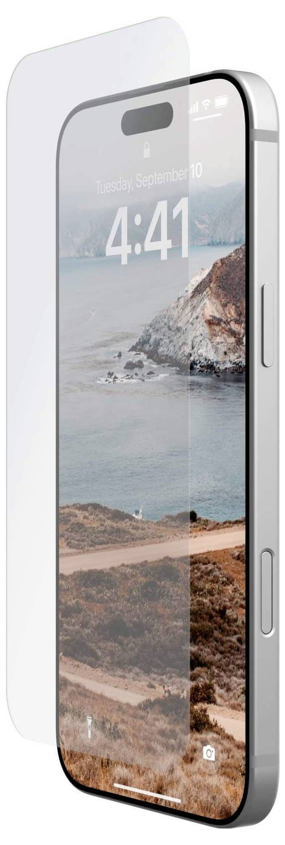 Smartfon z krajobrazem nadmorskim na ekranie, godzina 4:41. Folia ochronna jest częściowo nałożona na wyświetlacz.