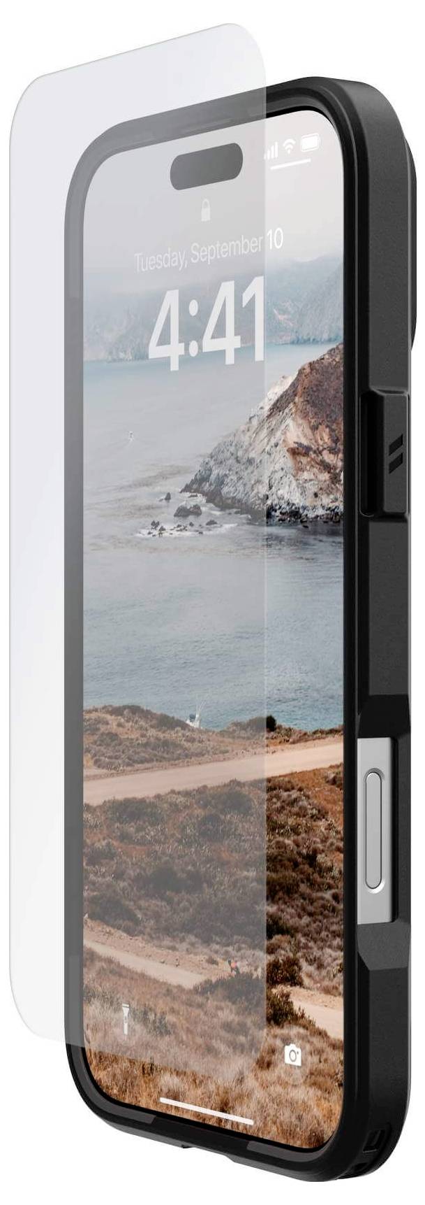 Smartfon w czarnym etui z folią ochronną wyświetla zdjęcie wybrzeża ze skalistymi klifami.