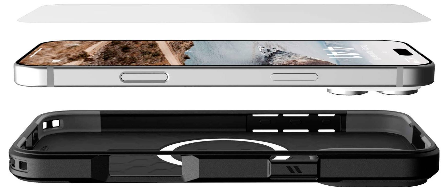 Smartfon w etui z folią ochronną. Widok z boku prezentuje smukłą sylwetkę telefonu z wycięciem na aparat i kompatybilnością z MagSafe.