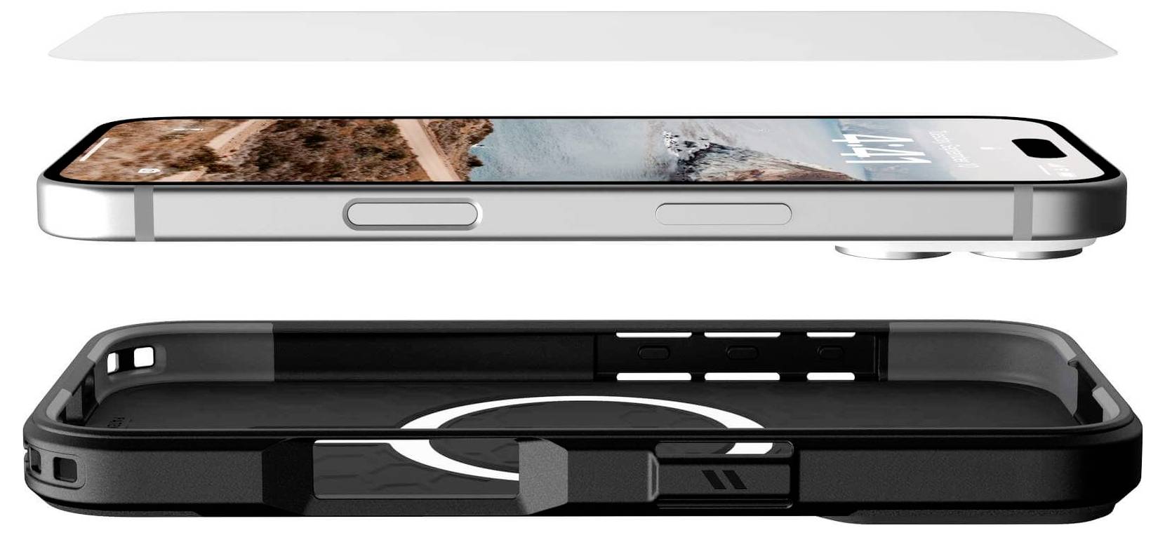 Smartfon i etui w częściach: przód pokazuje krajobraz, etui z pierścieniem magnetycznym, folia ochronna.