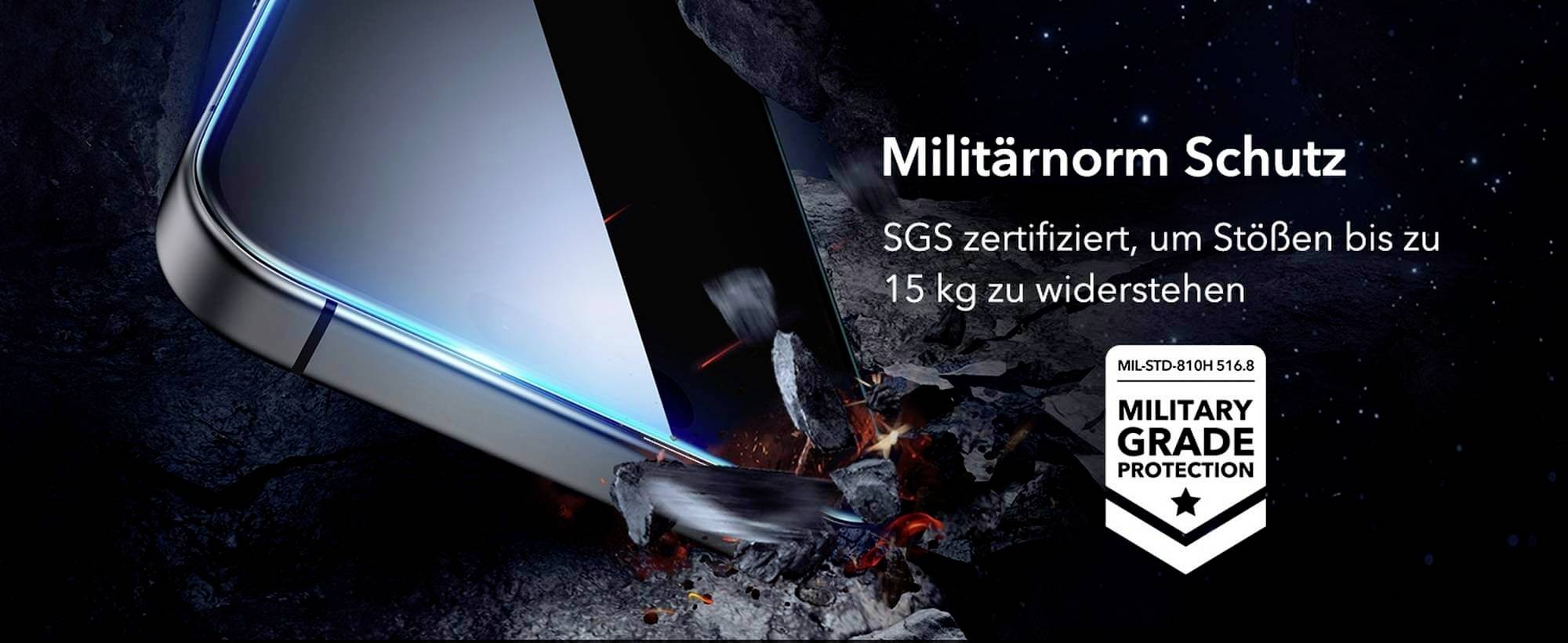 Smartfon spada na betonową podłogę, podkreślając ochronę zgodną z normą wojskową; tekst: 'Ochrona zgodna z normą wojskową, certyfikat SGS, odporność na wstrząsy do 15 kg'.