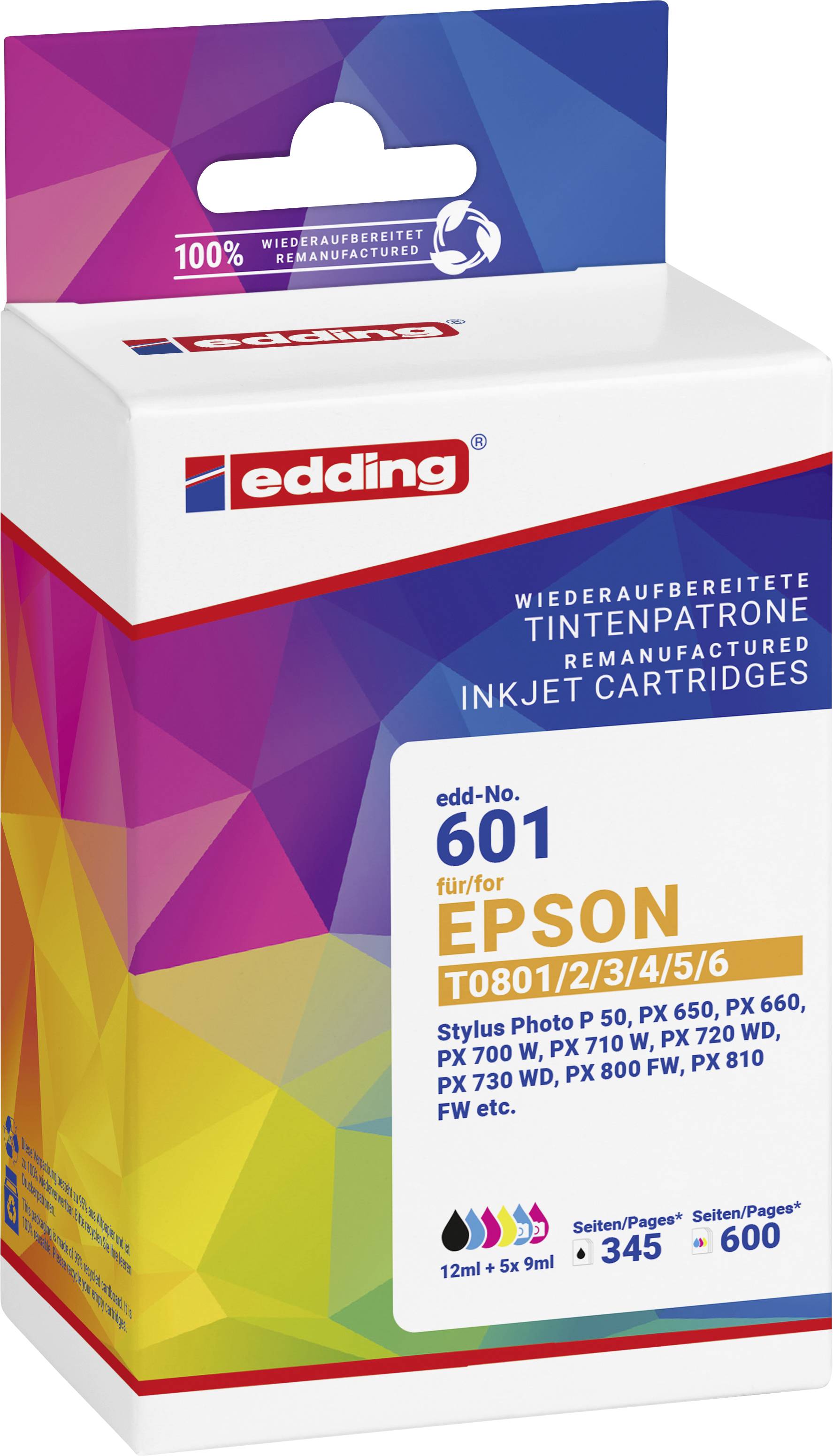 Чорнило Edding, сумісне з Epson T0807, T0801, T0802, T0803, T0804, T0805, T0806, комбінований пакет чорний, блакитний, пурпуровий,