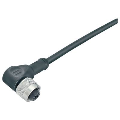 Czarny kabel z wtyczką kątową 90 stopni, odpowiedni do połączeń przemysłowych. Srebrne złącze na końcu.