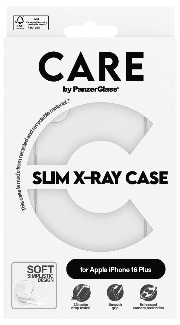 Opakowanie etui Slim X-Ray Case marki 'CARE by PanzerGlass' dla iPhone'a 16 Plus, wykonanego z materiału recyklingowego, o minimalistycznym designie.