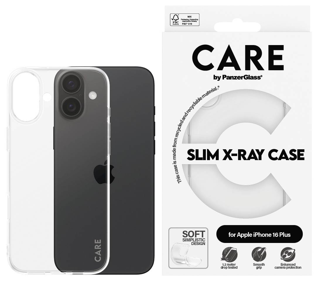 Telefon iPhone w przezroczystej obudowie oraz opakowaniu marki PanzerGlass 'CARE Slim X-Ray Case'. Ochrona dla iPhone'a 16 Plus, wykonana z materiału przyjaznego środowisku.