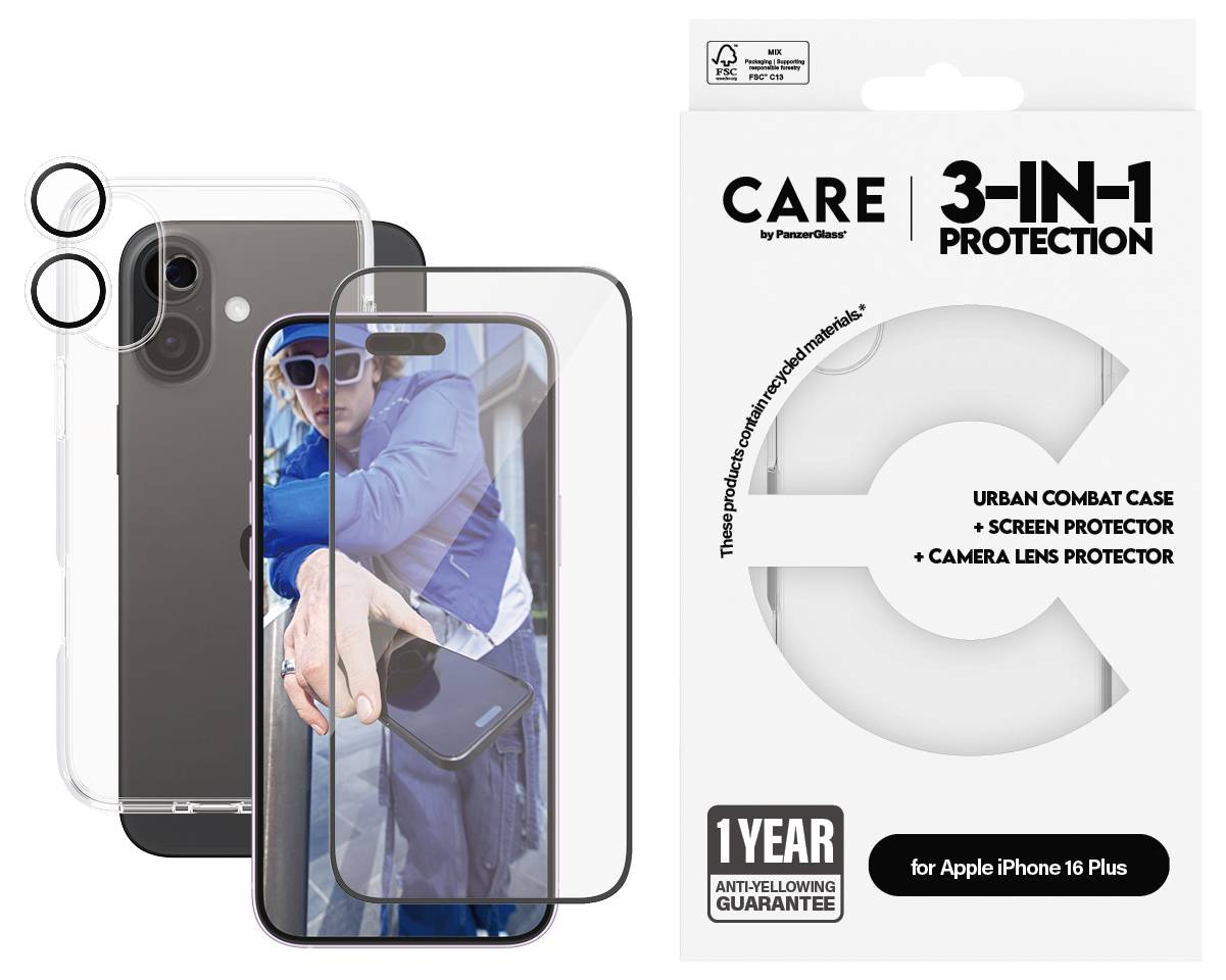 Pakiet '3-w-1 Ochrona' dla iPhone 16 Plus, obejmujący etui Urban Combat, ochronę wyświetlacza oraz zabezpieczenie obiektywu aparatu. Roczna gwarancja.