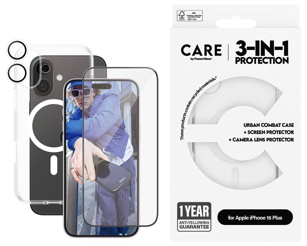 Etui ochronne i folie ochronne do iPhone 16 Plus, w tym ochrona aparatu i wyświetlacza, z miejskim designem i roczną gwarancją.
