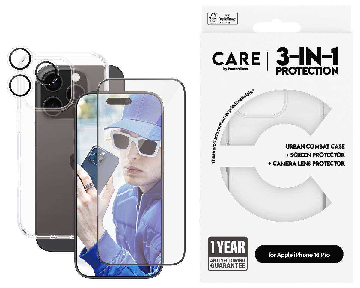 Prezentacja zestawu ochronnego 3-w-1 do iPhone'a: etui, osłona ekranu i obiektywu, z ilustracją mężczyzny z telefonem na opakowaniu.