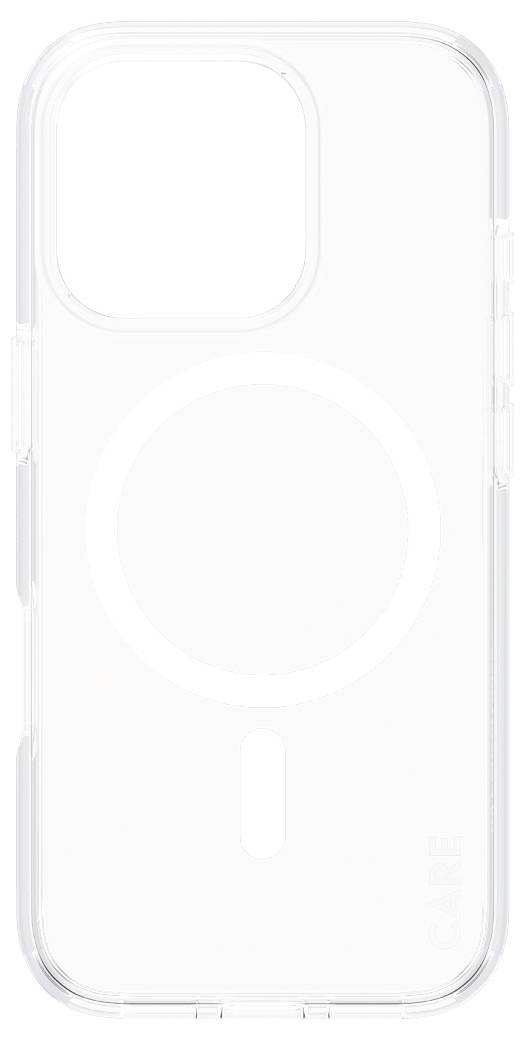 Przezroczyste etui na smartfona z okrągłym wycięciem do ładowania bezprzewodowego, kompatybilne z MagSafe, bez widocznego logo marki.