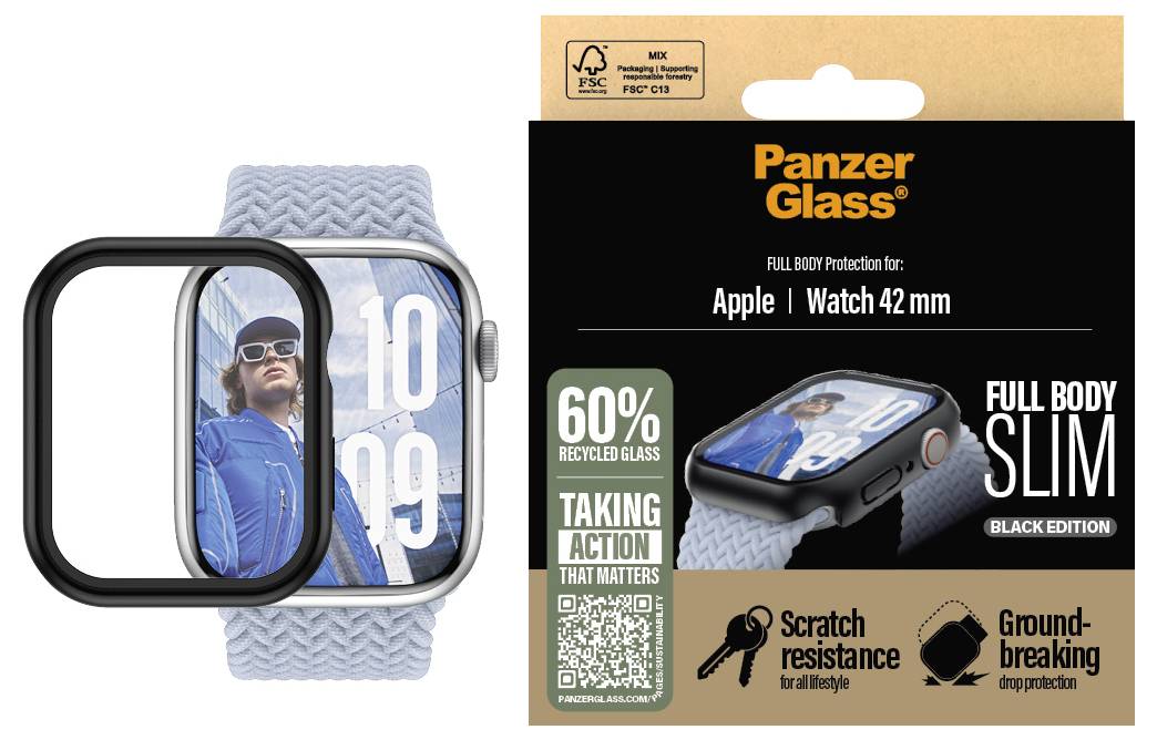 'Szkło ochronne PanzerGlass do Apple Watch 42 mm, edycja czarna. Odporne na zarysowania, wykonane w 60% z recyklingowanego szkła, wstrząsoodporne.'