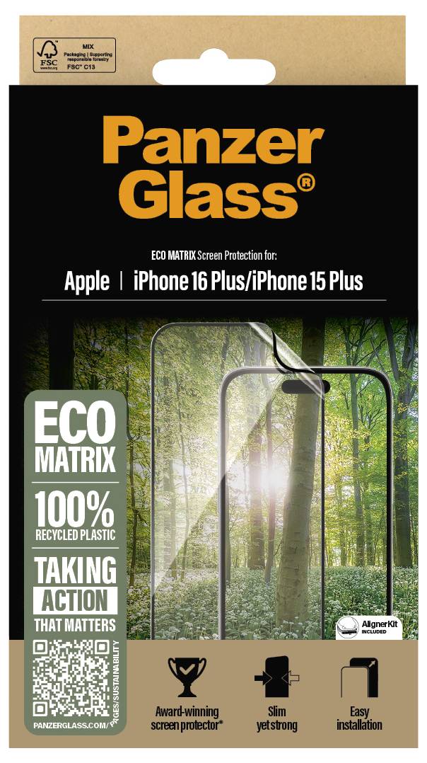 Opakowanie dla PanzerGlass ECO MATRIX, ochrony wyświetlacza do iPhone'a 16 Plus/15 Plus, wykonane w 100% z przetworzonych tworzyw sztucznych.