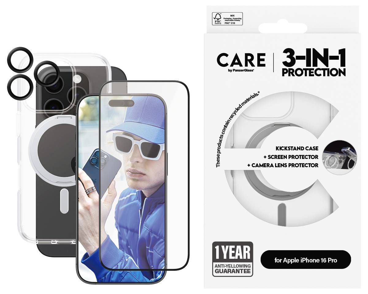 Opakowanie 3-w-1 zestawu ochronnego do iPhone 16 Pro z etui z podstawką, osłoną ekranu i zabezpieczeniem obiektywu kamery, gwarancja na 1 rok.