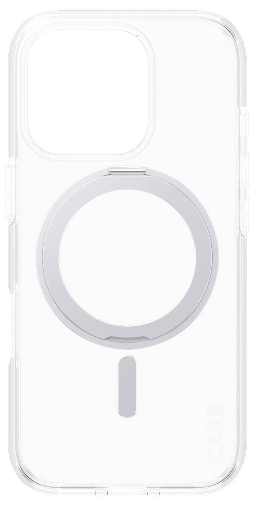 Przezroczyste etui na telefon z zintegrowanym, okrągłym pierścieniem magnetycznym, kompatybilne z technologią MagSafe, umożliwiające wygodne ładowanie bezprzewodowe.