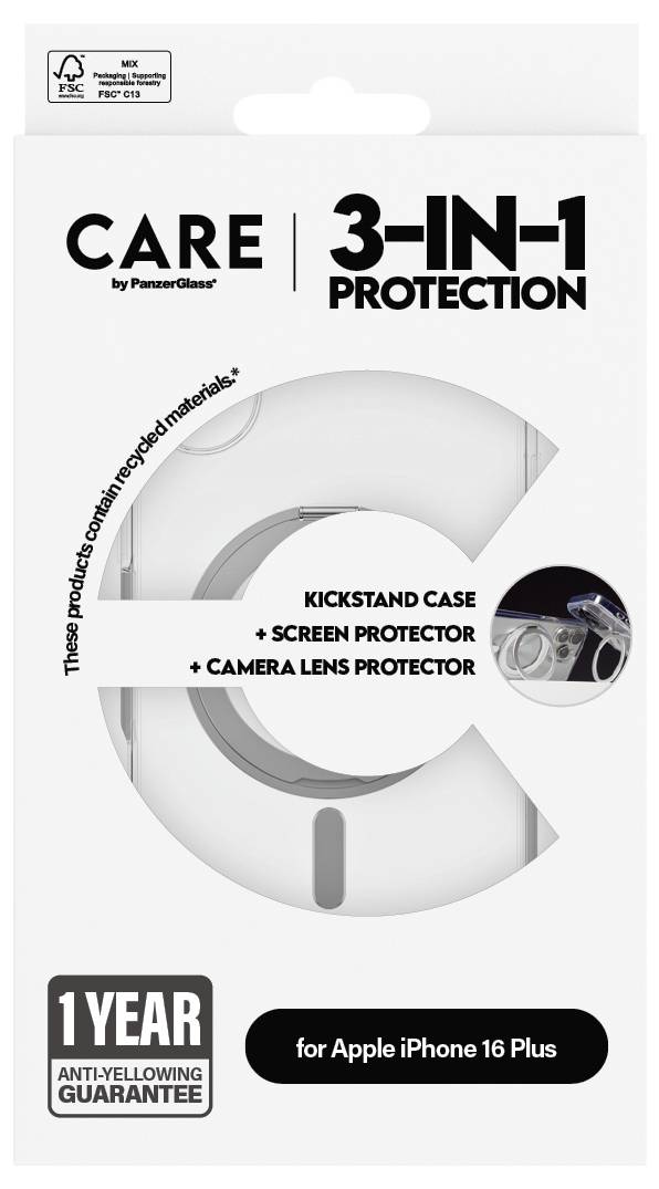 Opakowanie 'CARE 3-w-1 Protection' dla Apple iPhone 16 Plus. Zawiera etui z podstawką, ochraniacz ekranu oraz ochronę obiektywu kamery. 1 rok gwarancji.