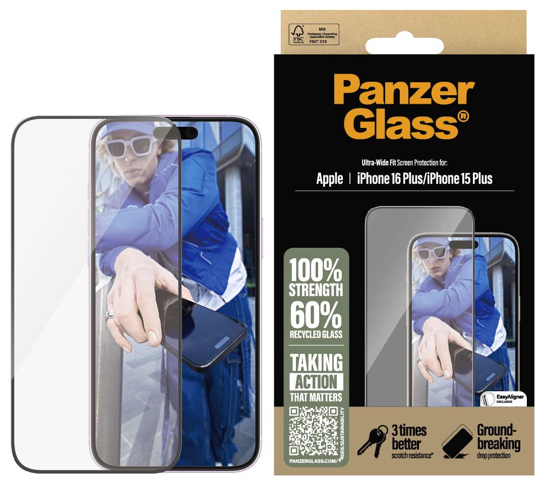 Smartfon z ochroną wyświetlacza PanzerGlass w oryginalnym opakowaniu, chroniący iPhone'a 16 Plus/15 Plus, 100% wytrzymałości, 60% szkła z recyklingu.