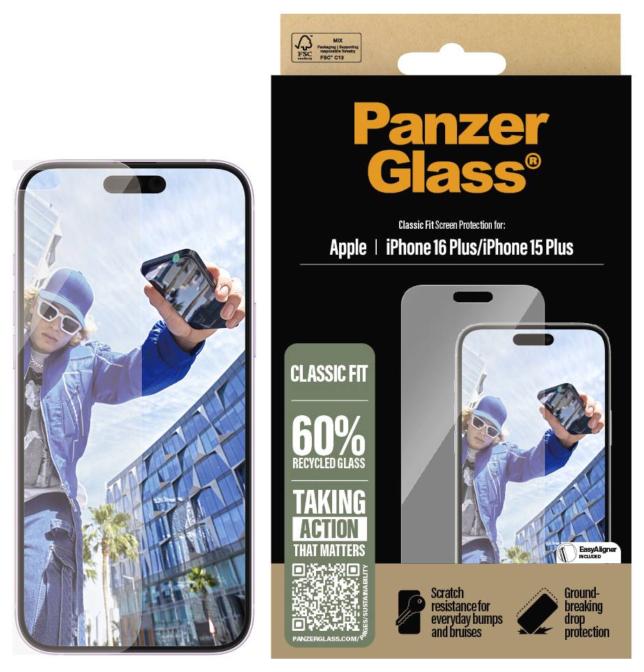 Smartfon z folią ochronną PanzerGlass dla iPhone 16 Plus/iPhone 15 Plus, na opakowaniu, szkło z recyklingu w 60%, ochrona przed zadrapaniami.