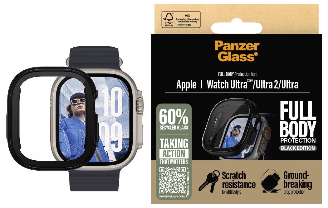 Smartwatch z zabezpieczeniem ekranu PanzerGlass. Opakowanie wskazuje na '60% szkła z recyklingu', podkreśla odporność na zarysowania oraz ochronę przed wstrząsami.