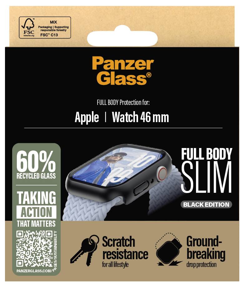 Opakowanie PanzerGlass dla 'Apple Watch 46 mm', czarna edycja slim z pełną osłoną, wykonana w 60% z recyklingowanego szkła.