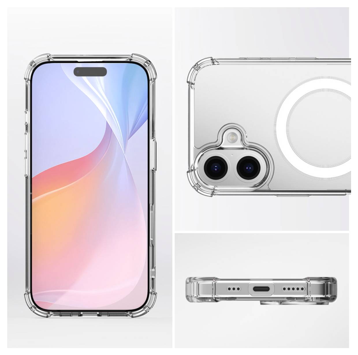 Przezroczyste etui na telefon z zaokrąglonymi rogami i wycięciem na aparat, prezentujące przednią i tylną stronę smartfona z pastelowym ekranem.