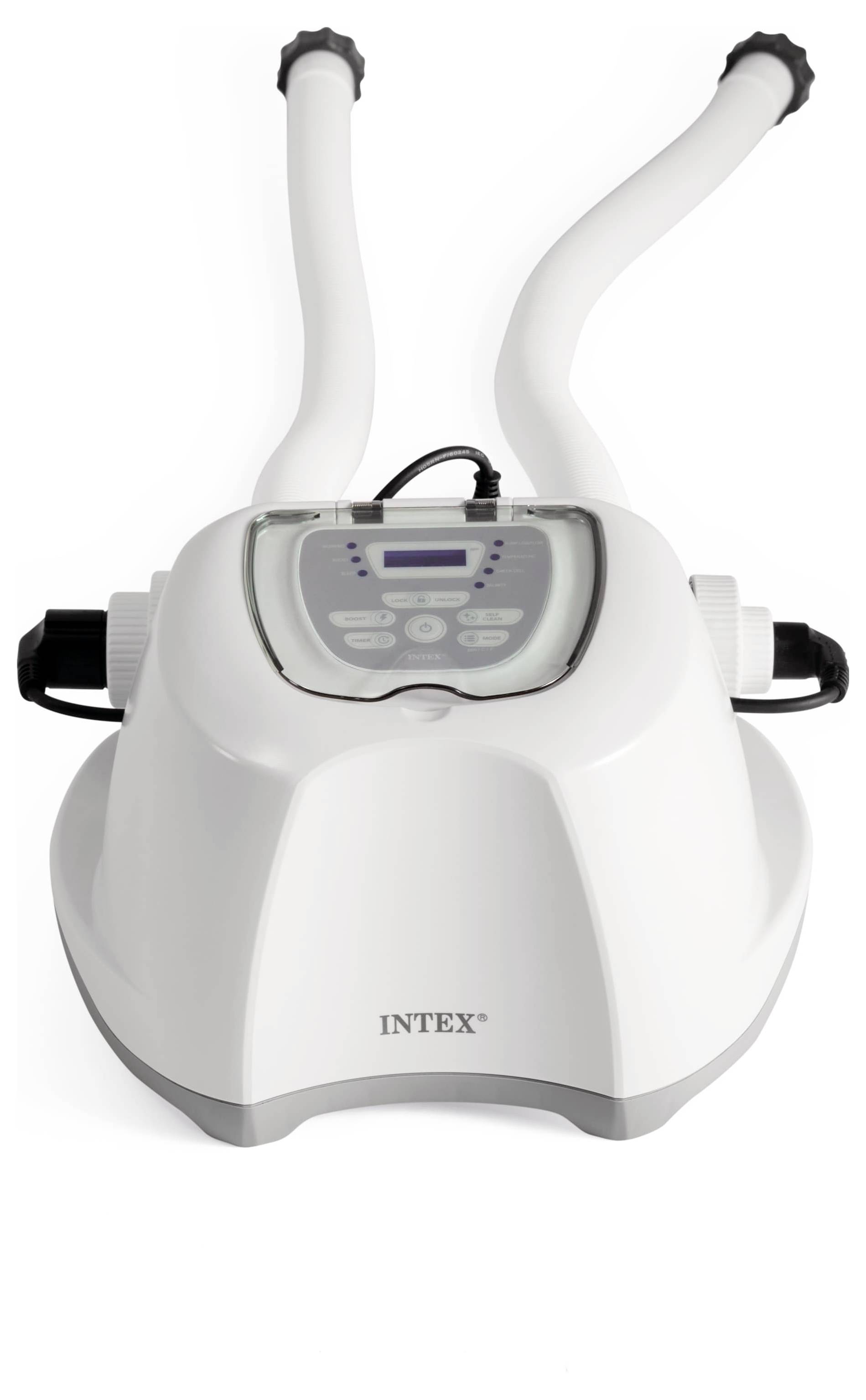 Intex system oczyszczania wody słonej z wyświetlaczem cyfrowym i dwoma podłączonymi wężami. Używany do oczyszczania wody w basenach.