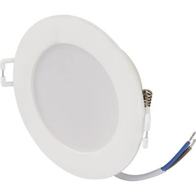 Okrągła, płaska lampa LED z białą ramką i podłączonym przewodem, odpowiednia do montażu w sufitach lub ścianach.