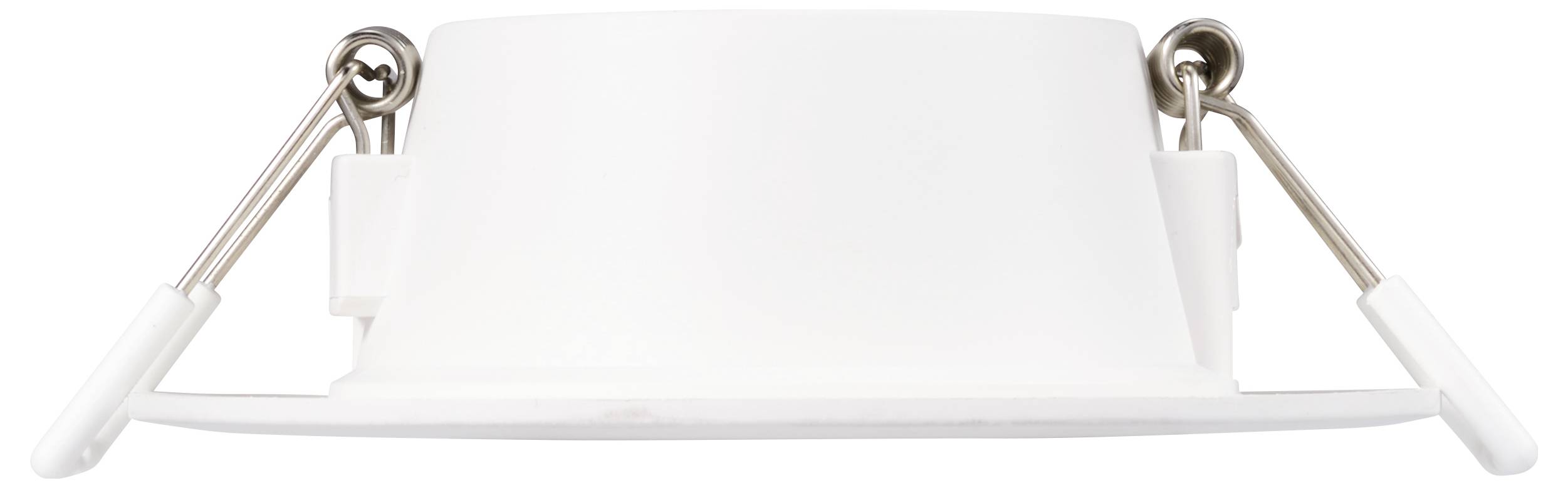 Biała ramka podtynkowa z tworzywa sztucznego z dwoma metalowymi zaciskami mocującymi. Pokazana w profilu, stosowana w oświetleniu podtynkowym.