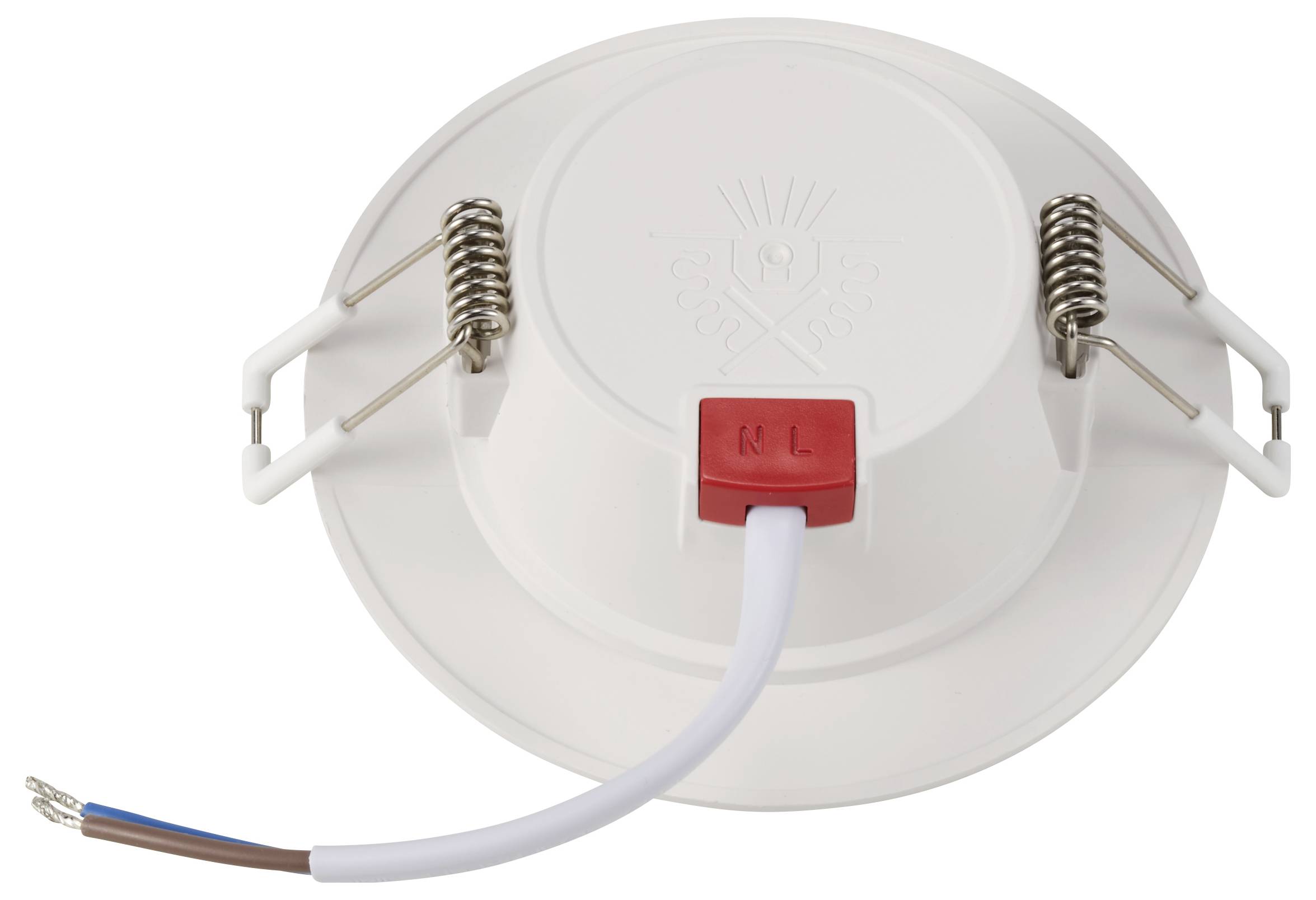 Okrągła, biała oprawa podtynkowa widziana od tyłu, z dwoma przewodami elektrycznymi i metalowymi sprężynami mocującymi.