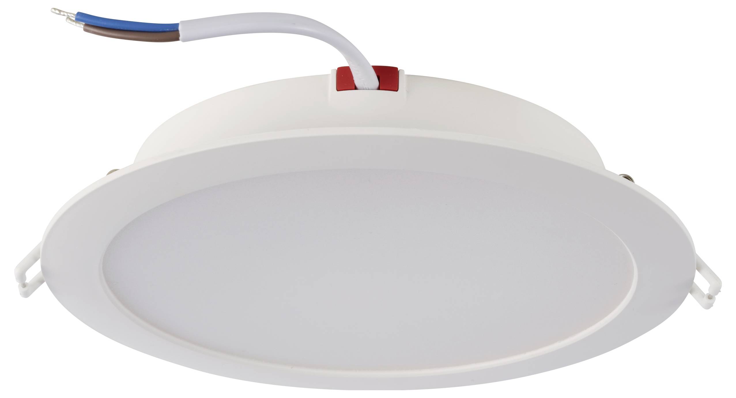 Okrągła lampa sufitowa LED, biała obudowa, z krótkim podłączeniem przewodu. Odpowiednia do montażu w sufitach podwieszanych.