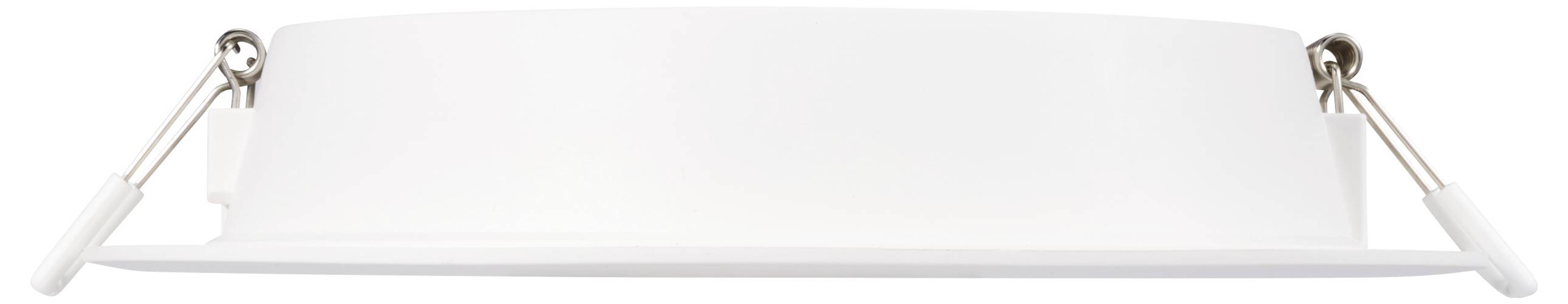 Biała, okrągła lampa sufitowa z dwoma srebrnymi klipsami po bokach, odpowiednia do montażu w suficie.