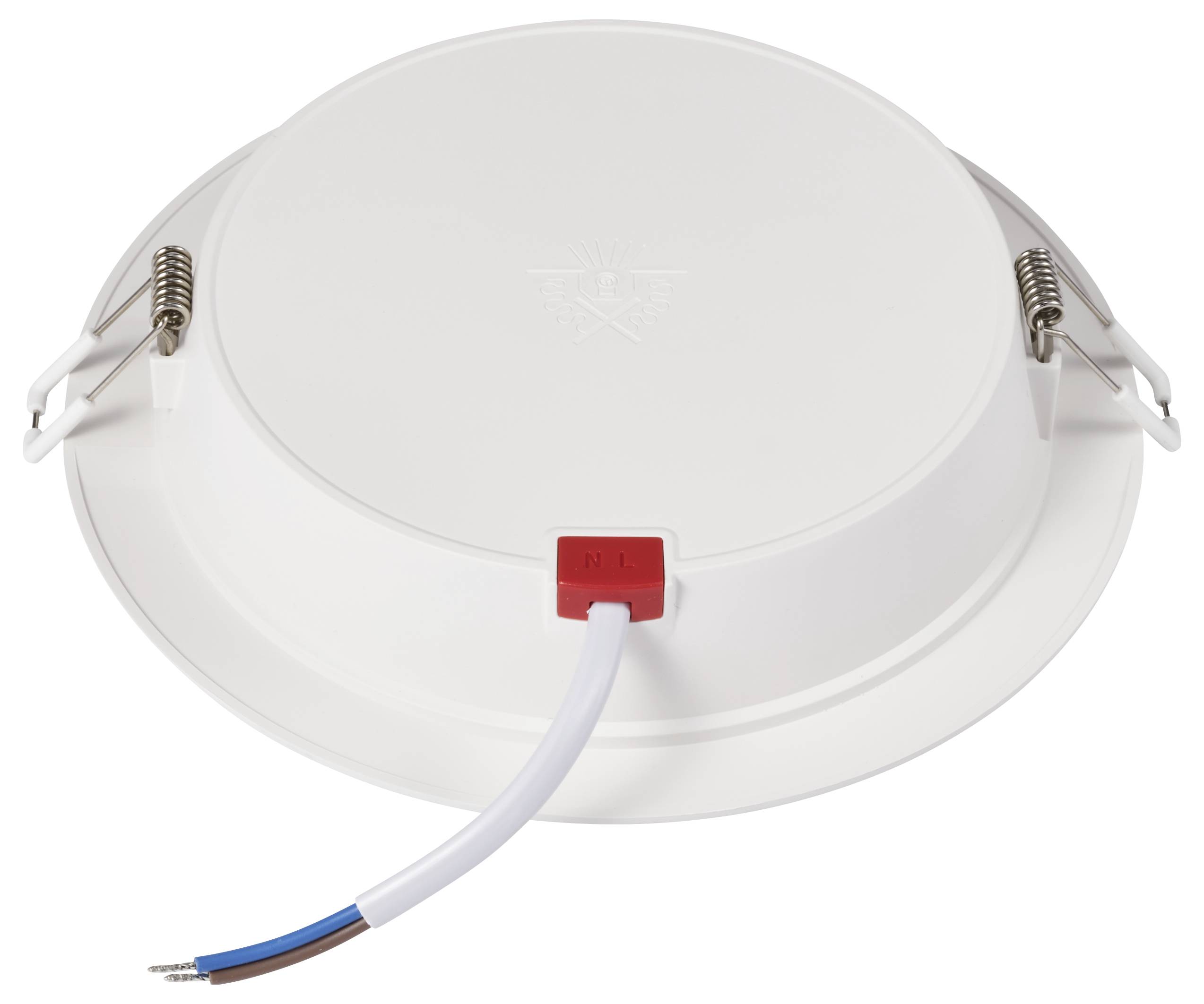 Okrągła, biała lampa sufitowa LED z dwoma zaciskami po bokach i kablem wyprowadzonym z tyłu.