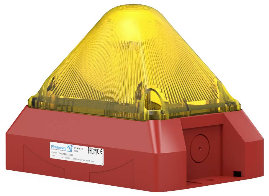 Czerwona lampa ostrzegawcza z żółtą szklaną kopułką, emitująca światło.