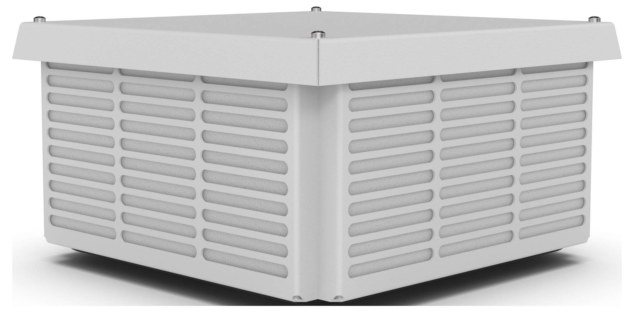 Szara, kwadratowa osłona wentylacyjna z prążkowanym wzorem na dwóch bokach, przymocowana sześcioma widocznymi śrubami od góry.