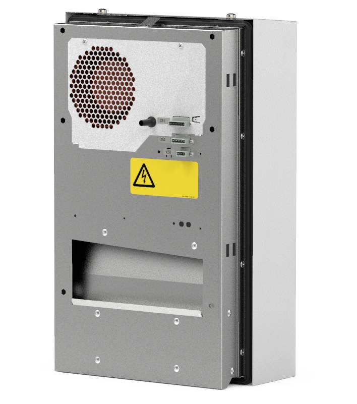 Szaro-srebrne urządzenie techniczne z wentylatorem, żółtym symbolem ostrzegawczym i wieloma złączami. Prawdopodobnie obudowa elektryczna lub elektroniczna.