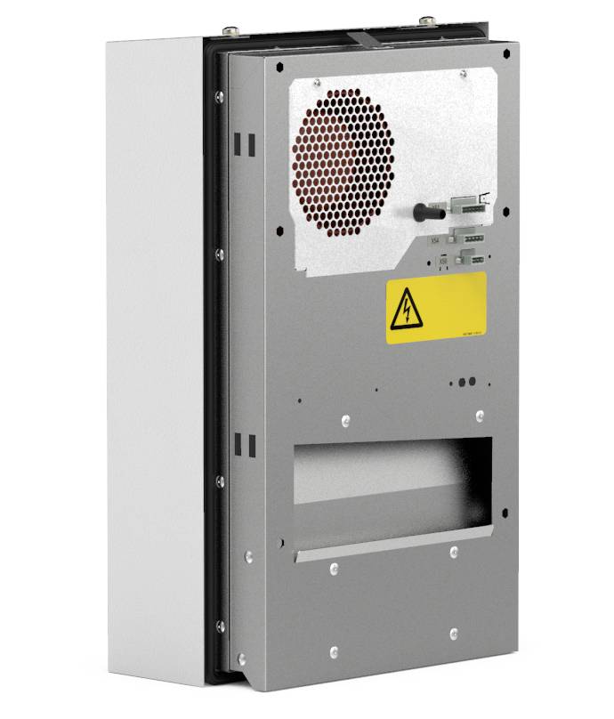 Prostokątna, metalowa obudowa z kratką wentylacyjną, przełącznikiem i symbolem trójkąta ostrzegawczego. Odpowiednia do instalacji technicznych.