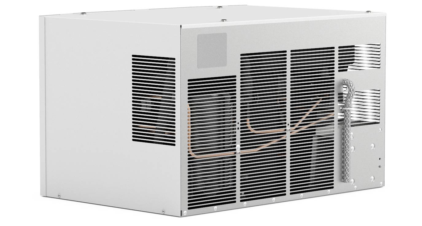 Klimatyzator w prostokątnej obudowie z bocznymi otworami wentylacyjnymi.