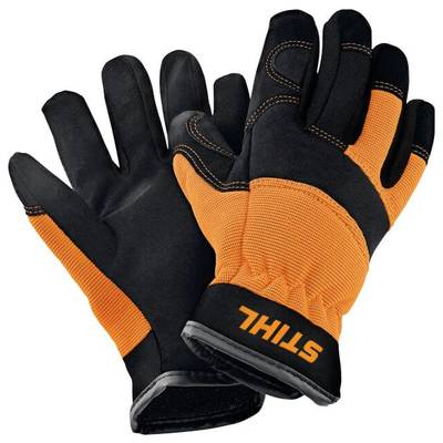 Rękawice robocze 'Stihl' w kolorach czarnym i pomarańczowym. Dwa rękawice ułożone są jeden na drugim, prezentując wytrzymały materiał zapewniający ochronę i komfort.