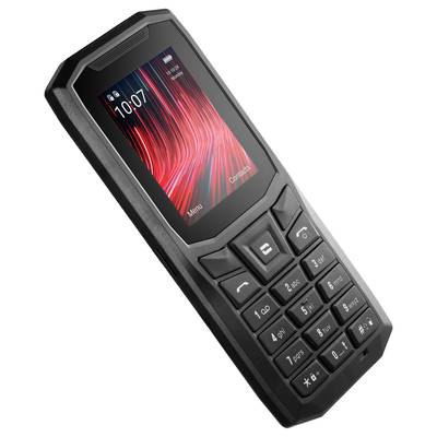 Czarny telefon komórkowy z klawiaturą i kolorowym wyświetlaczem, który wskazuje aktualną godzinę. Duży centralny przycisk nawigacyjny.